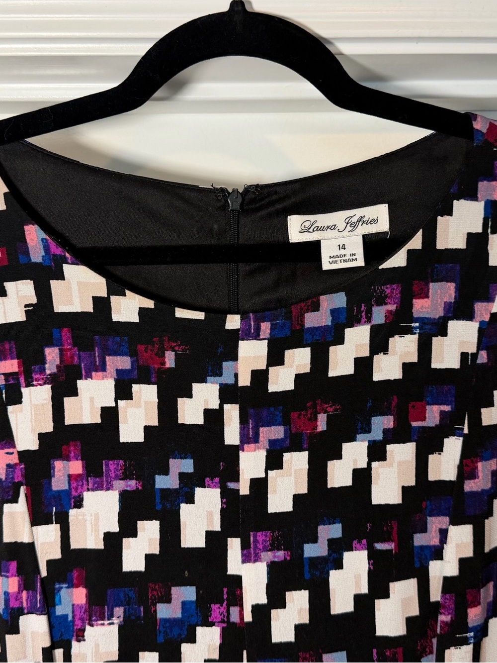 Black Geometric Short Sleeve Women’s Dress with Purple and Pink Accents